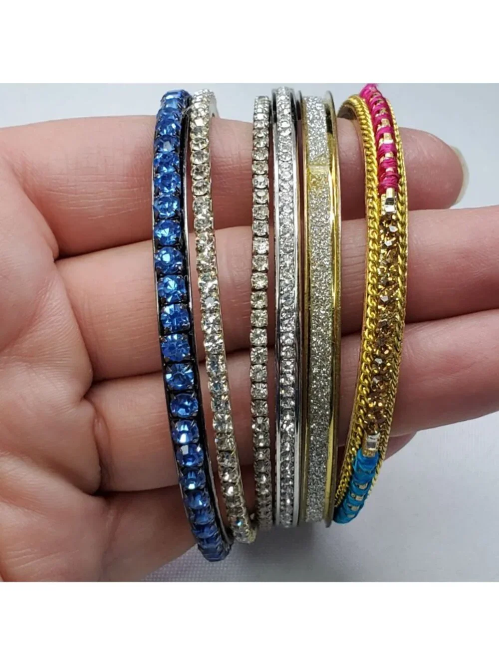 VTG 6 Multicolor Rhinestone Glitter & Metal Bangles Gold & Silver-Tone Mixed